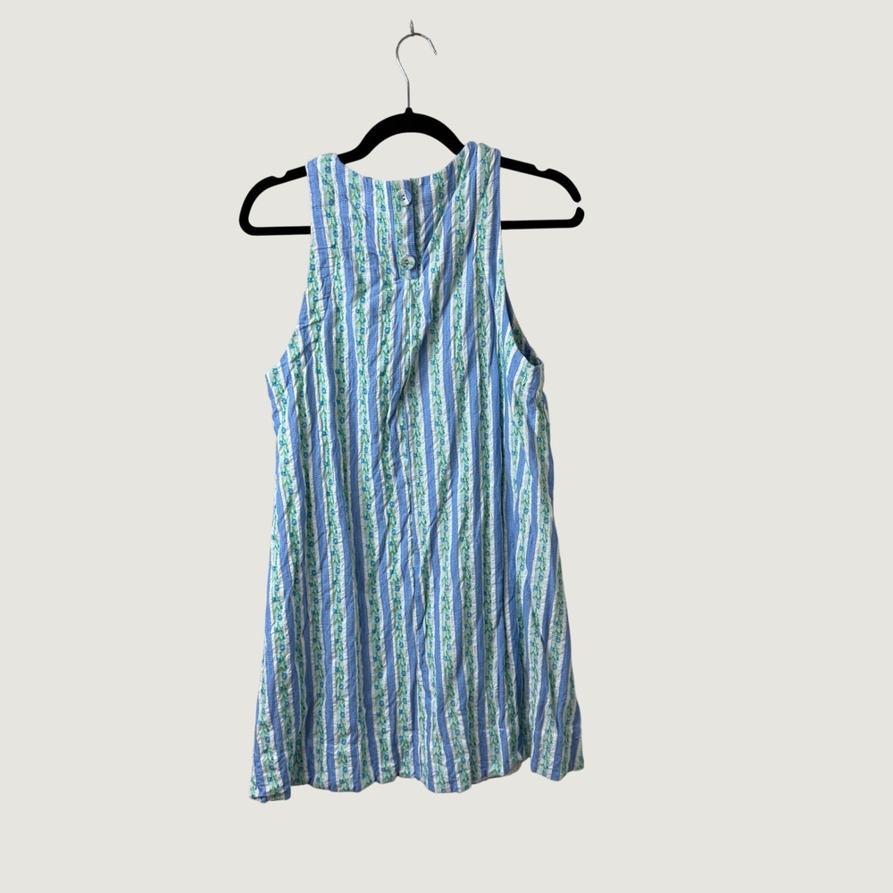MABLE Blue White Striped Floral Seersucker Sleeveless Mini Summer Dress Resort M - Picture 4 of 5